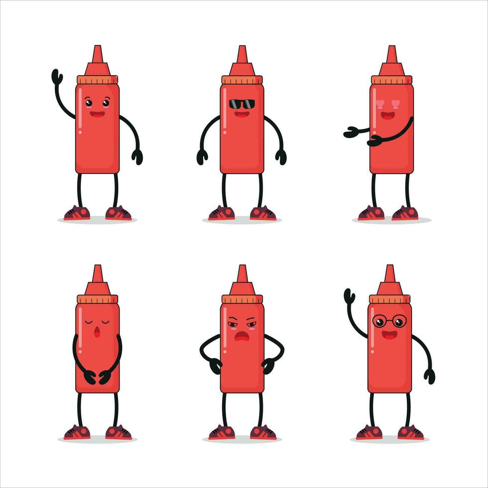 söt tomat sås flaska karaktär annorlunda utgör aktivitet. tomat sås annorlunda ansikte uttryck vektor illustration uppsättning.