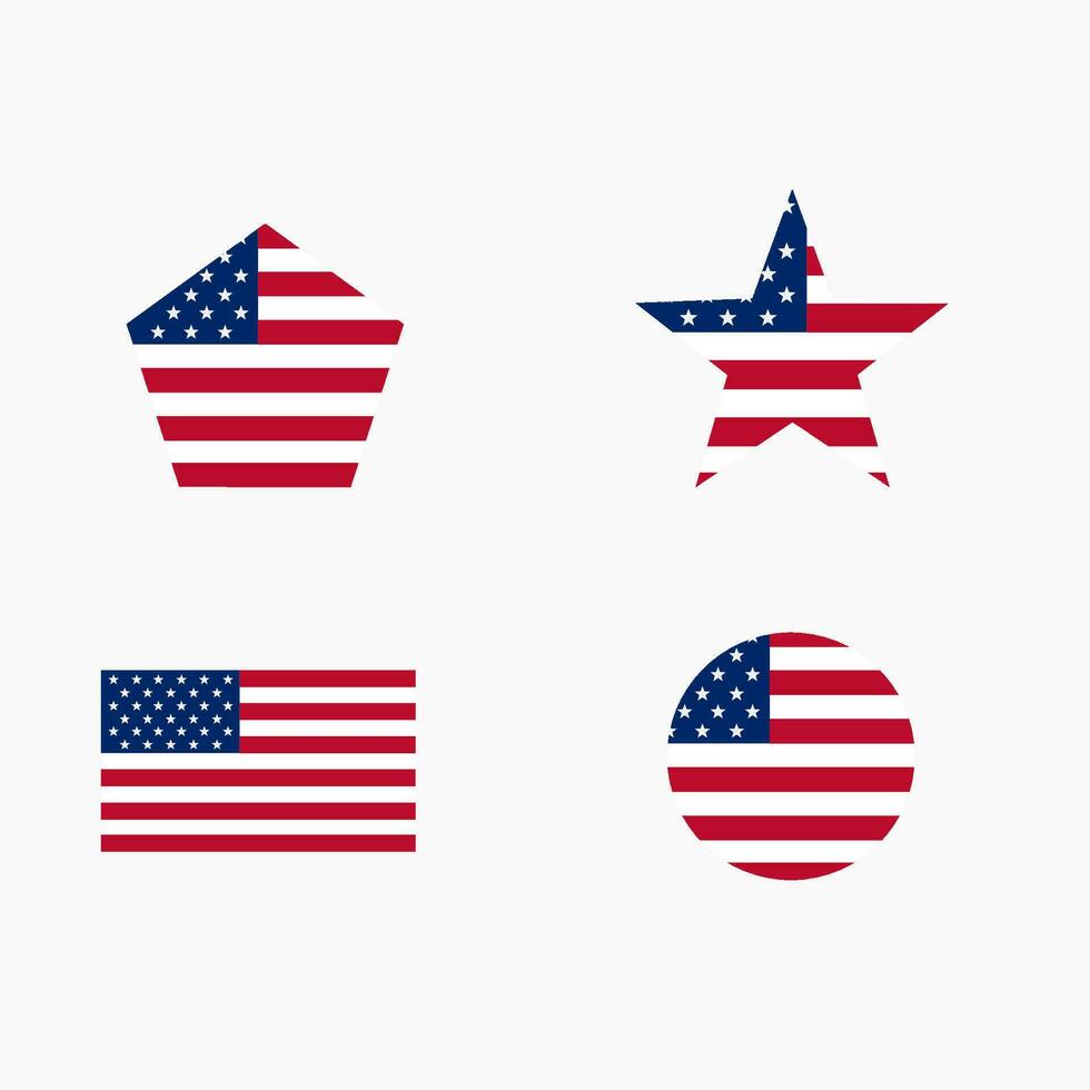 olika amerikan flaggor uppsättning isolerat på vit bakgrund. uppsättning av amerikan flagga i cirkel, stjärna, femhörning form vektor