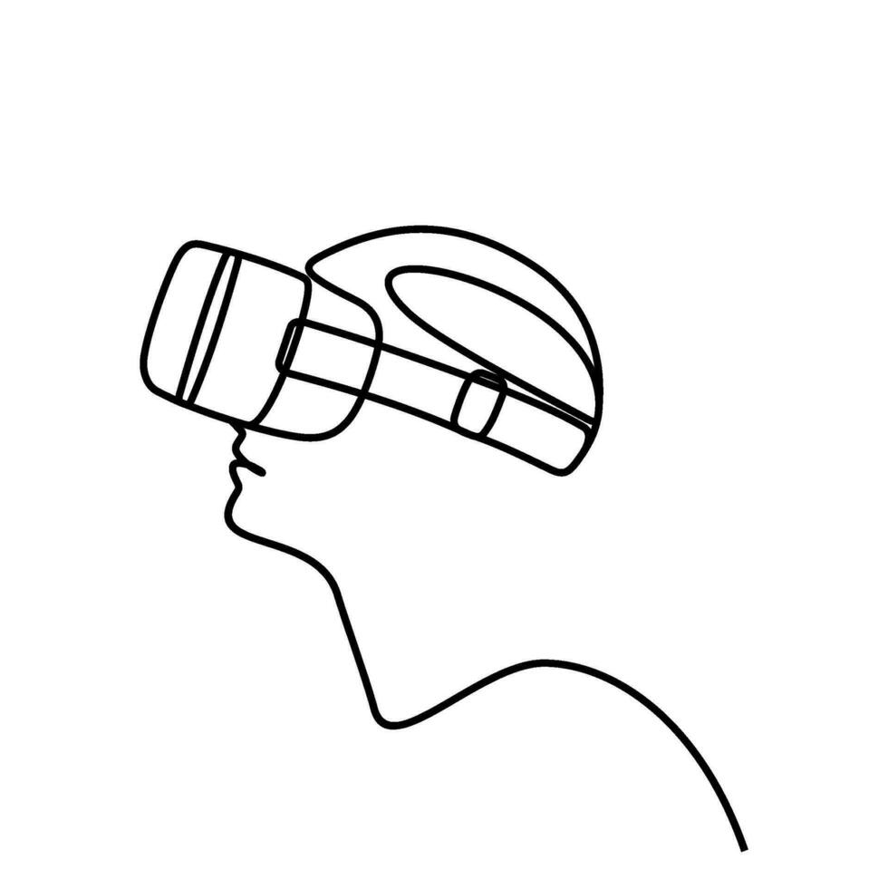 människor bär virtuell verklighet glasögon enhet. metavers begrepp. kontinuerlig linje. hand ritade. ett linje. linje konst. logotyp design. vektor
