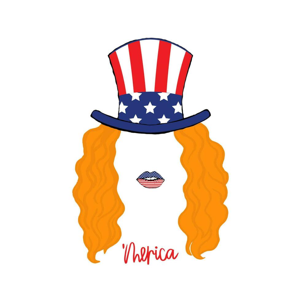 4:e av juli oberoende dag i Amerika skriva ut för t-shirt kvinnors. flicka med röd hår och en hatt med ett amerikan flagga vektor