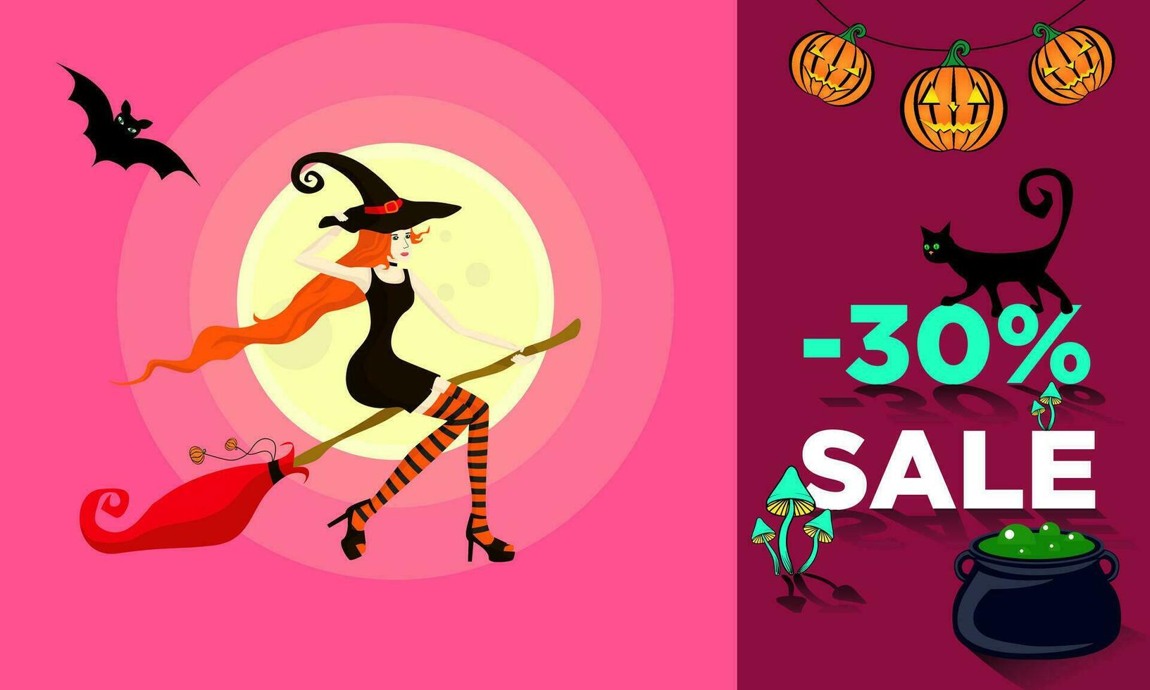 Flyer oder Banner mit ein 30 Rabatt auf Verkauf im Ehre von Halloween. jung schön Mädchen gekleidet wie ein Hexe fliegt auf ein Besen im das Richtung von das Verkauf vektor