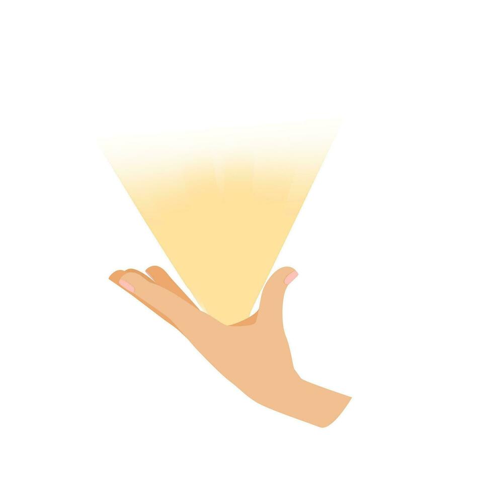 Hand Geste mit öffnen Palme hoch. ein Strahl von Licht von das Hand. Platz zum Text auf Hand, Präsentation vektor