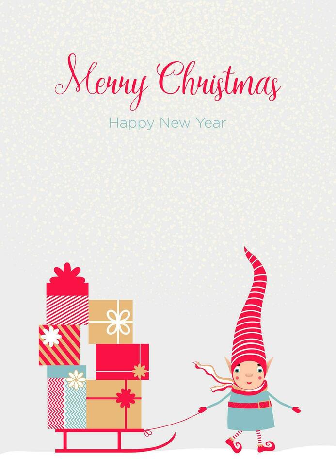 süß Weihnachten Elf im ein gestreift rot Hut und Schal mit ein Pyramide von Weihnachten Geschenke auf ein Schlitten und Schneefall. Vorlage zum fröhlich Weihnachten Karten, Grüße, Banner oder Plakate. vektor