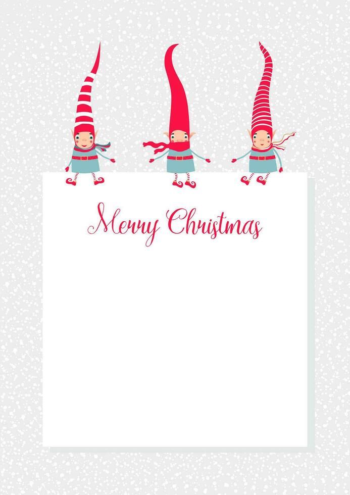 Lager Vektor Illustration mit 3 süß Weihnachten Elfen im gestreift rot Hüte Sitzung auf ein Blatt von Papier. Vorlage von fröhlich Weihnachten Karten, Glückwunsch, Banner oder Plakate mit Kopieren Raum.