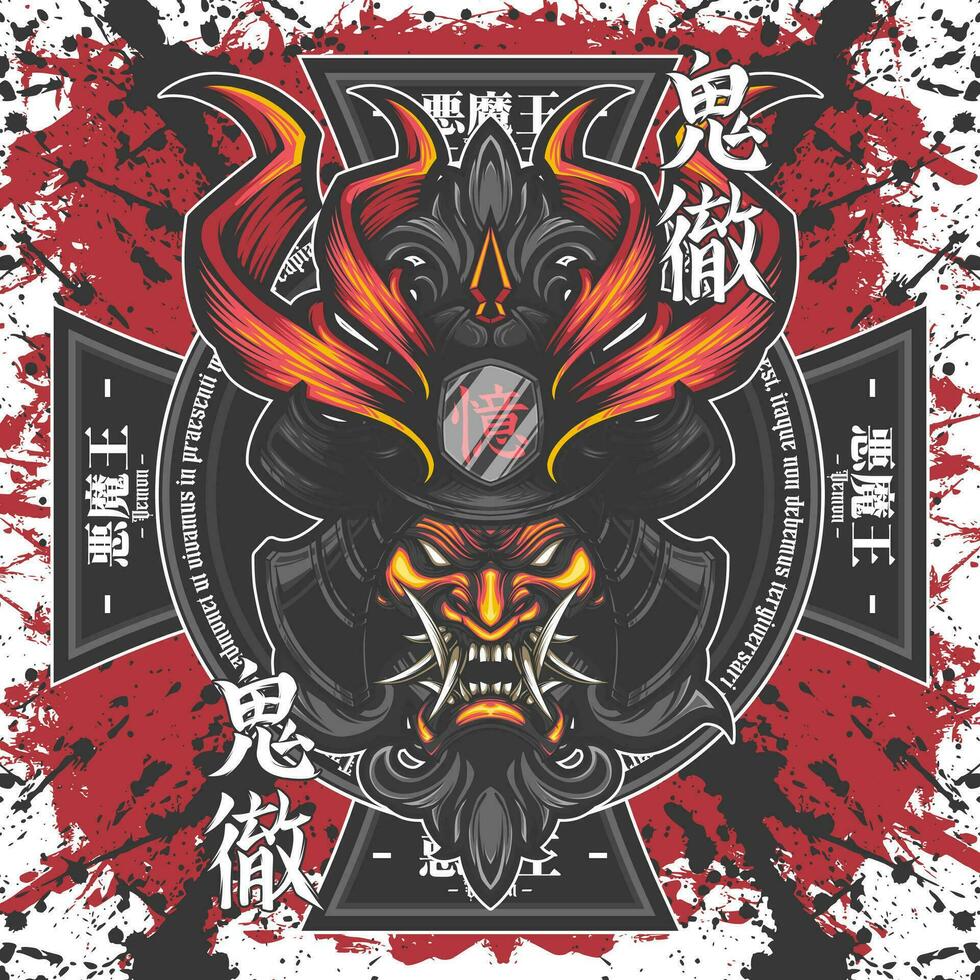 samuraj huvud på i demon mask maskot emblem logotyp vektor illustration