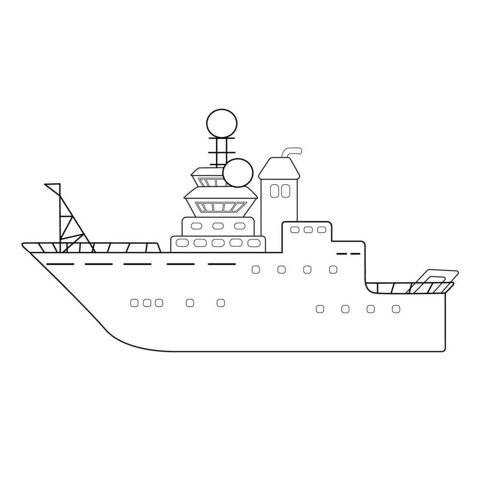 svart vit djup hav forskning explorer fartyg, expedition fartyg, vektor hand dragen översikt isolerat illustration för färg bok