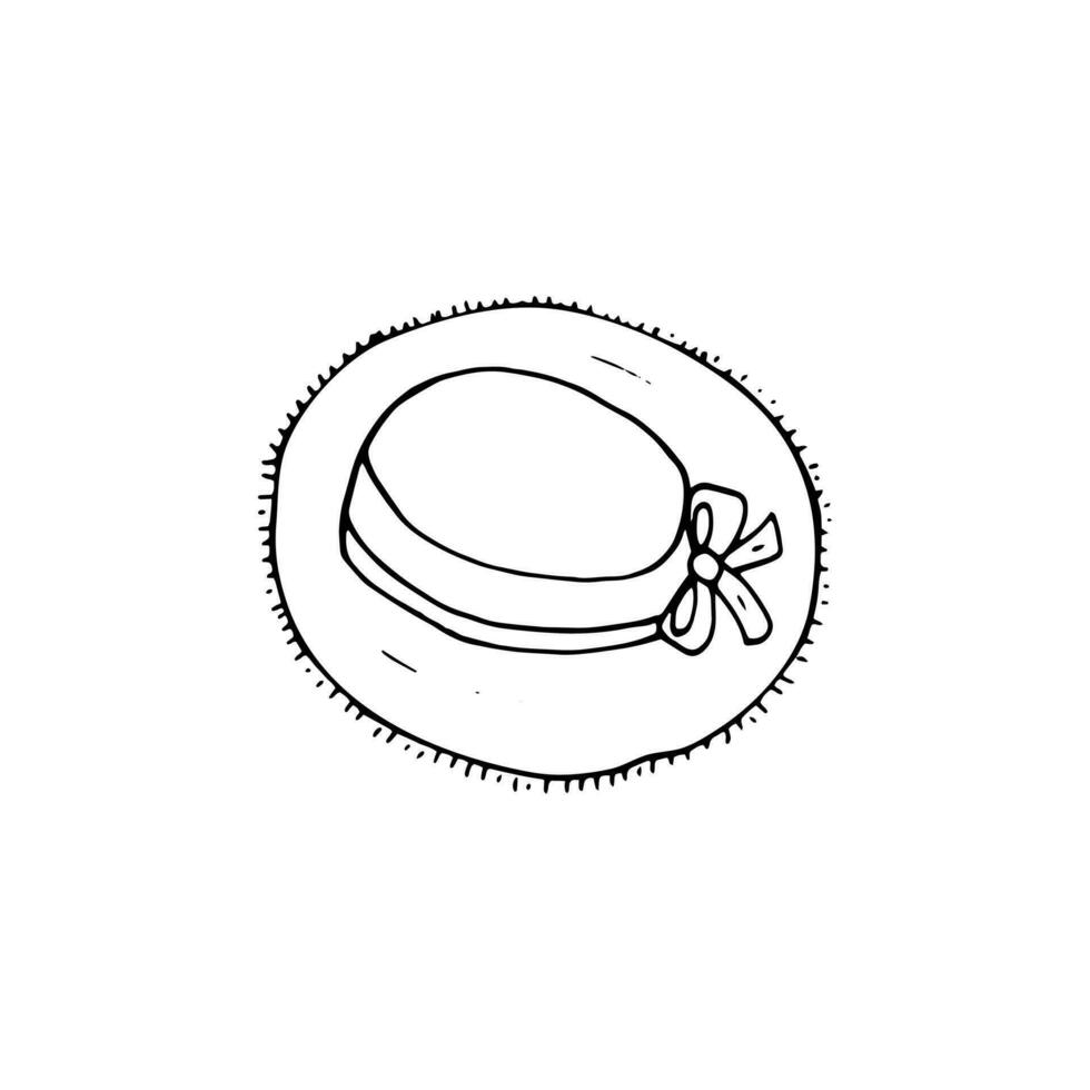 ritad för hand kvinnors sugrör hatt med rosett, isolerat skiss stil vektor illustration på vit bakgrund
