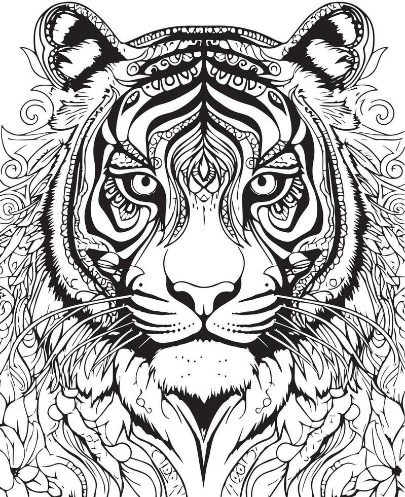 Hand gezeichnet Vektor Färbung Seite von Tiger Porträt. Färbung Seite zum Kinder und Erwachsene. drucken Design, T-Shirt Design, tätowieren Design, Wandgemälde Kunst.