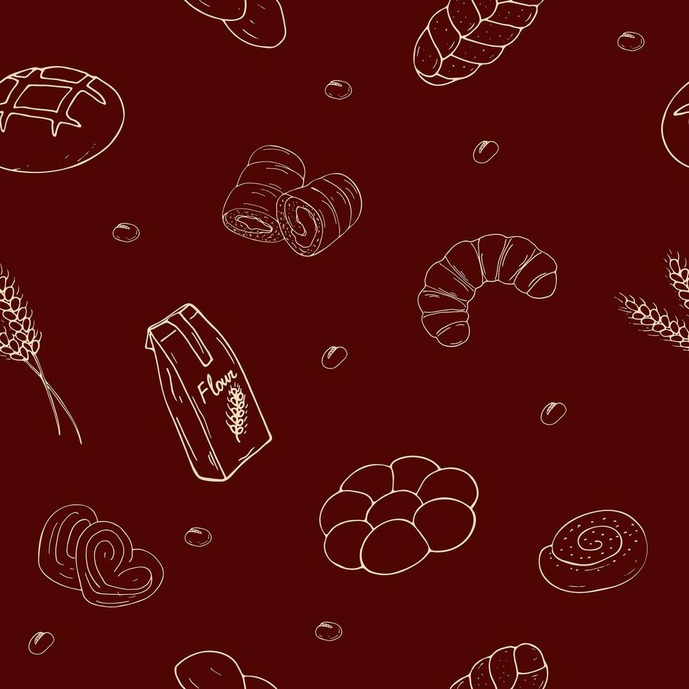 bageri sömlös mönster på en vinröd bakgrund. vektor
