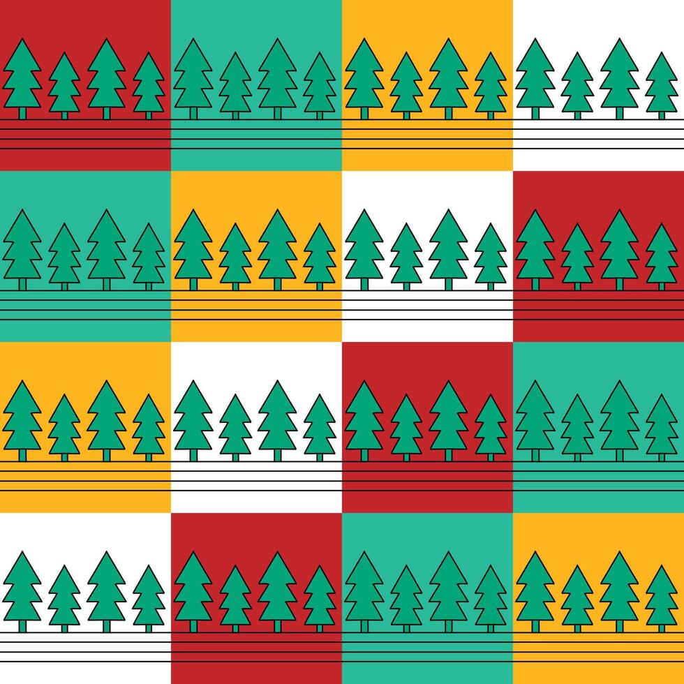 en hand teckning tall träd sömlös mönster på en Flerfärgad bakgrund i en färgrik jul begrepp, vektor illustration
