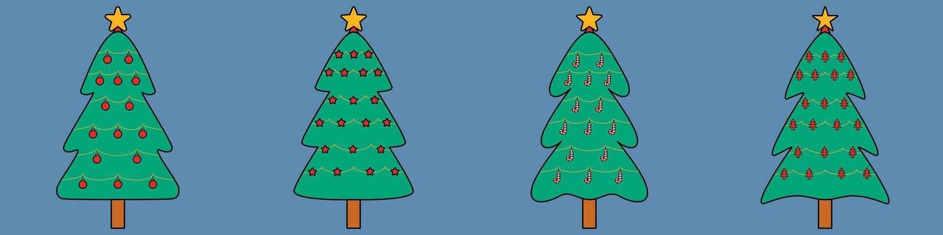 en uppsättning av jul träd med dekoration på en bakgrund i en färgrik jul begrepp, vektor illustration
