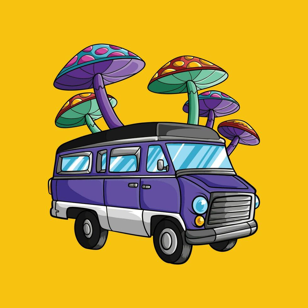 skåpbil bil med svamp träd tecknad serie vektor