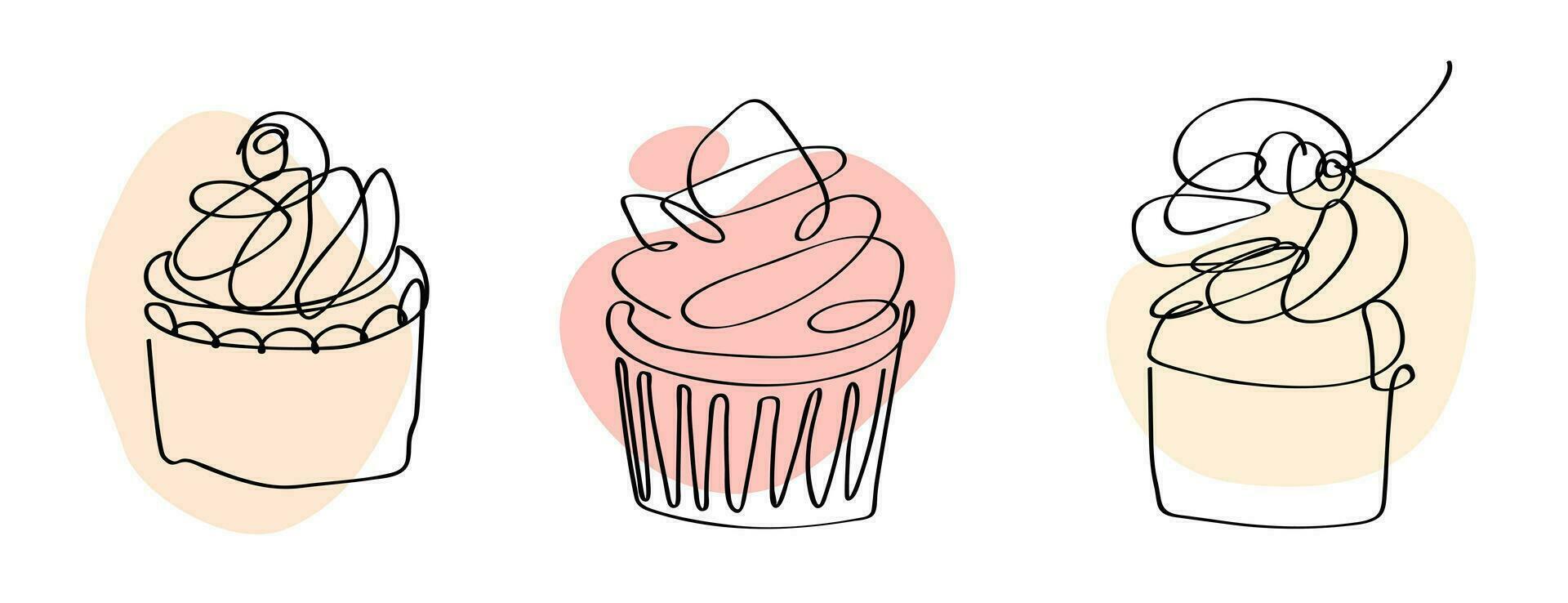 uppsättning av abstrakt cupcakes. vektor illustration, minimalism, ett kontinuerlig linje, skiss, teckning. symbol, emblem, logotyp, design element för förpackning, etiketter