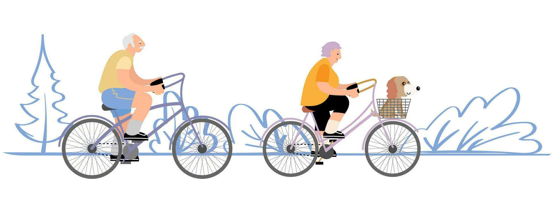 Senioren Paar Reiten ihr Fahrrad. aktiv draussen Leben Stil zum Alten Personen. Großvater und Oma Reiten ein Fahrrad. Sommer- Aktivität. Vektor Illustration im Karikatur Stil