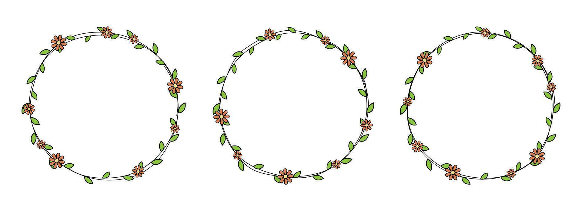 hand dragen cirkel ram dekoration element med löv och blommor klämma konst vektor