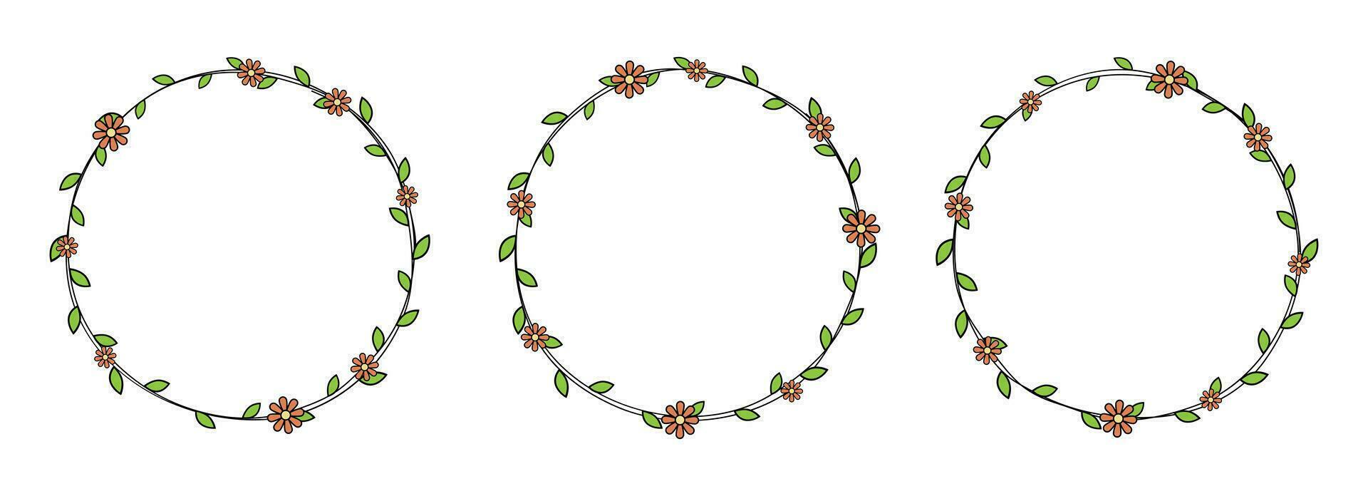 hand dragen cirkel ram dekoration element med löv och blommor klämma konst vektor
