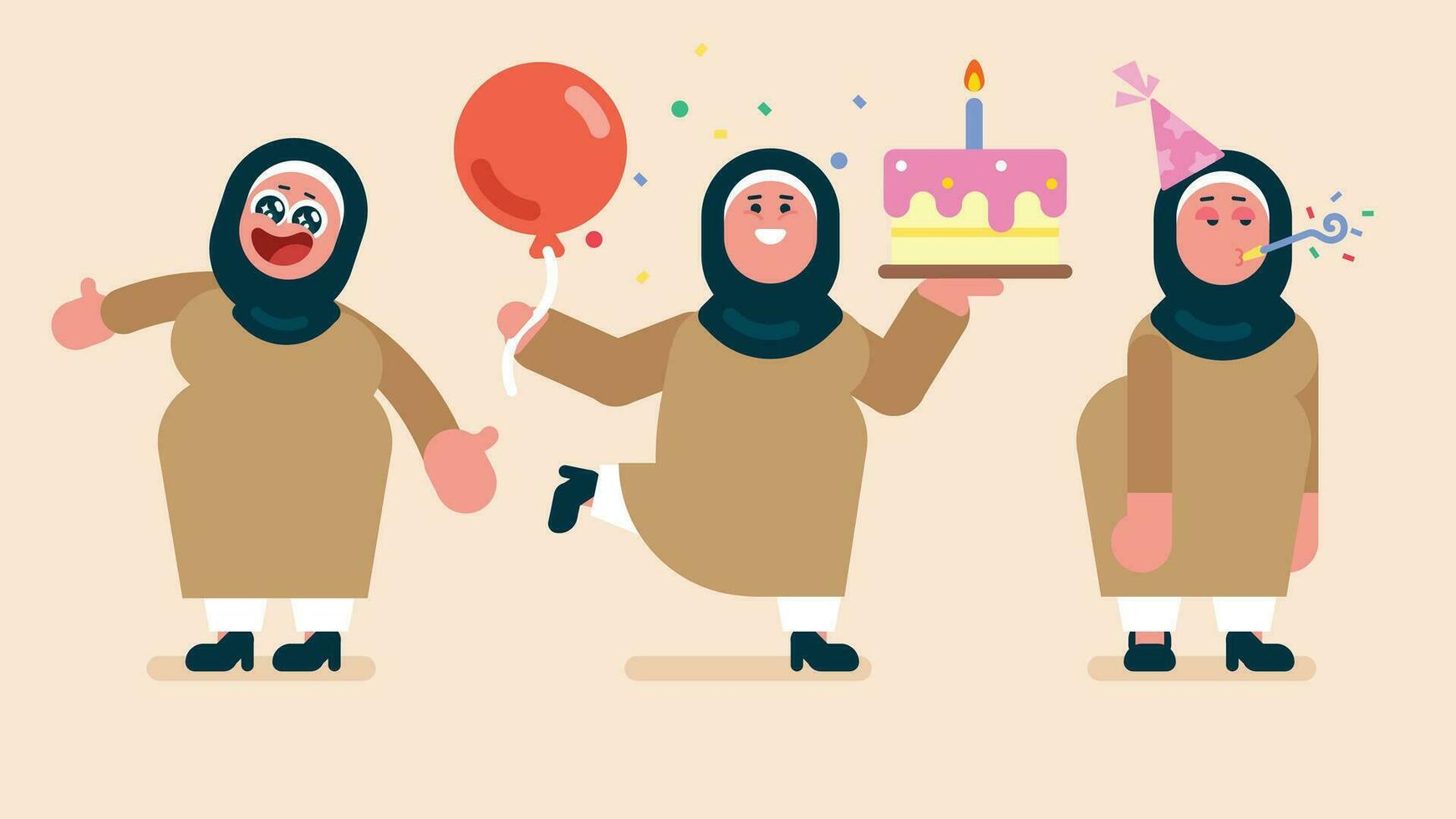 Arabisch Frau Charakter. anders posiert und Emotionen, weiblich trägt Hijab, islamisch Haus Ehefrau feiert ihr Geburtstag, vorbereiten ein Kuchen mit Ballon und Kerze, Gefühl gelangweilt im Party, eben Benutzerbild vektor