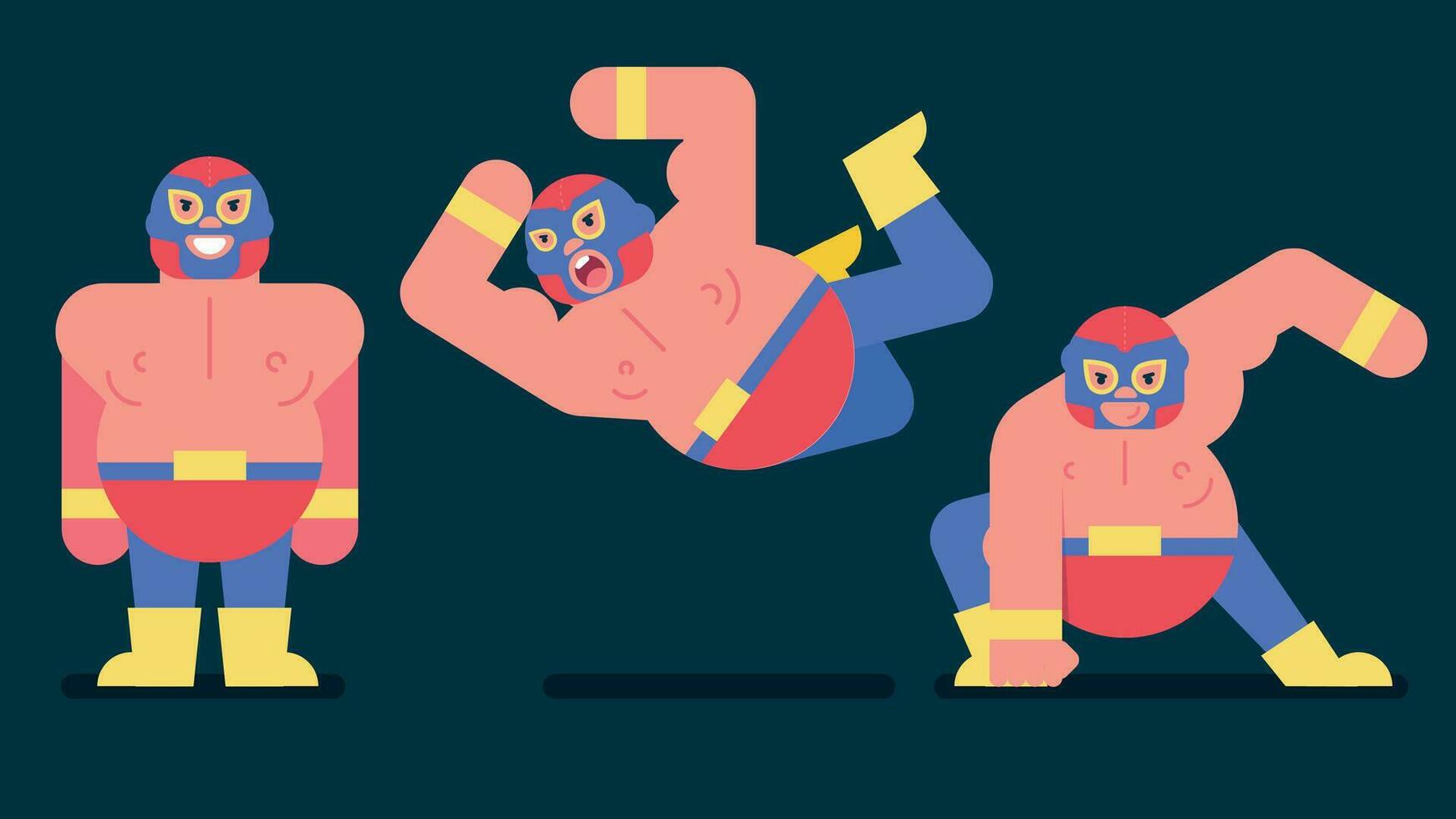 mexikansk brottare uppsättning med mask slåss akrobat kämpe lucha fri, vektor illustration tecknad serie
