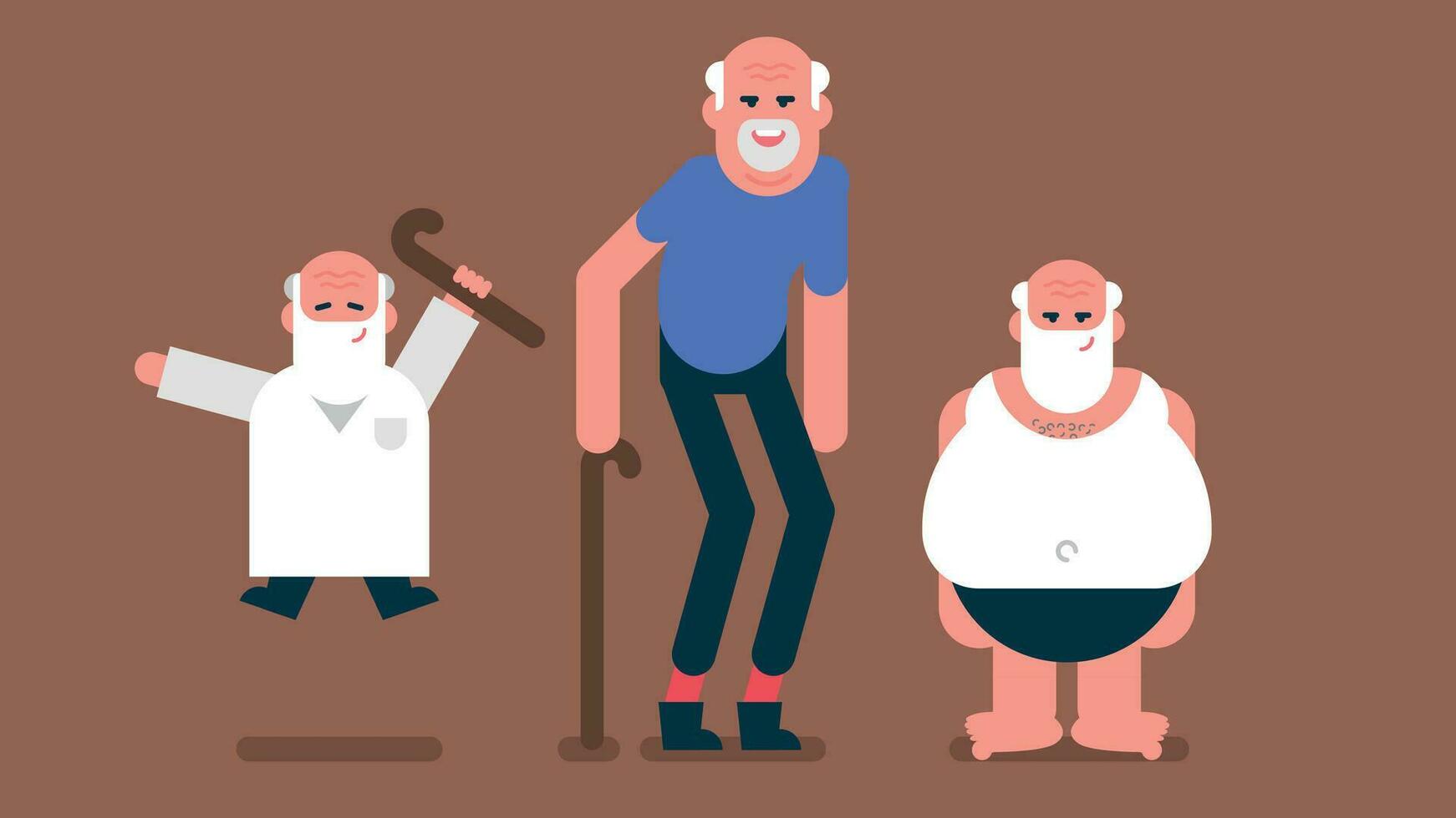 gammal man stående och gående med pinnar. äldre man tecknad serie karaktär uppsättning. pensionerad farfar, ensam morfar, fett man med vit väst skjorta med skägg, platt avatar vektor illustration.