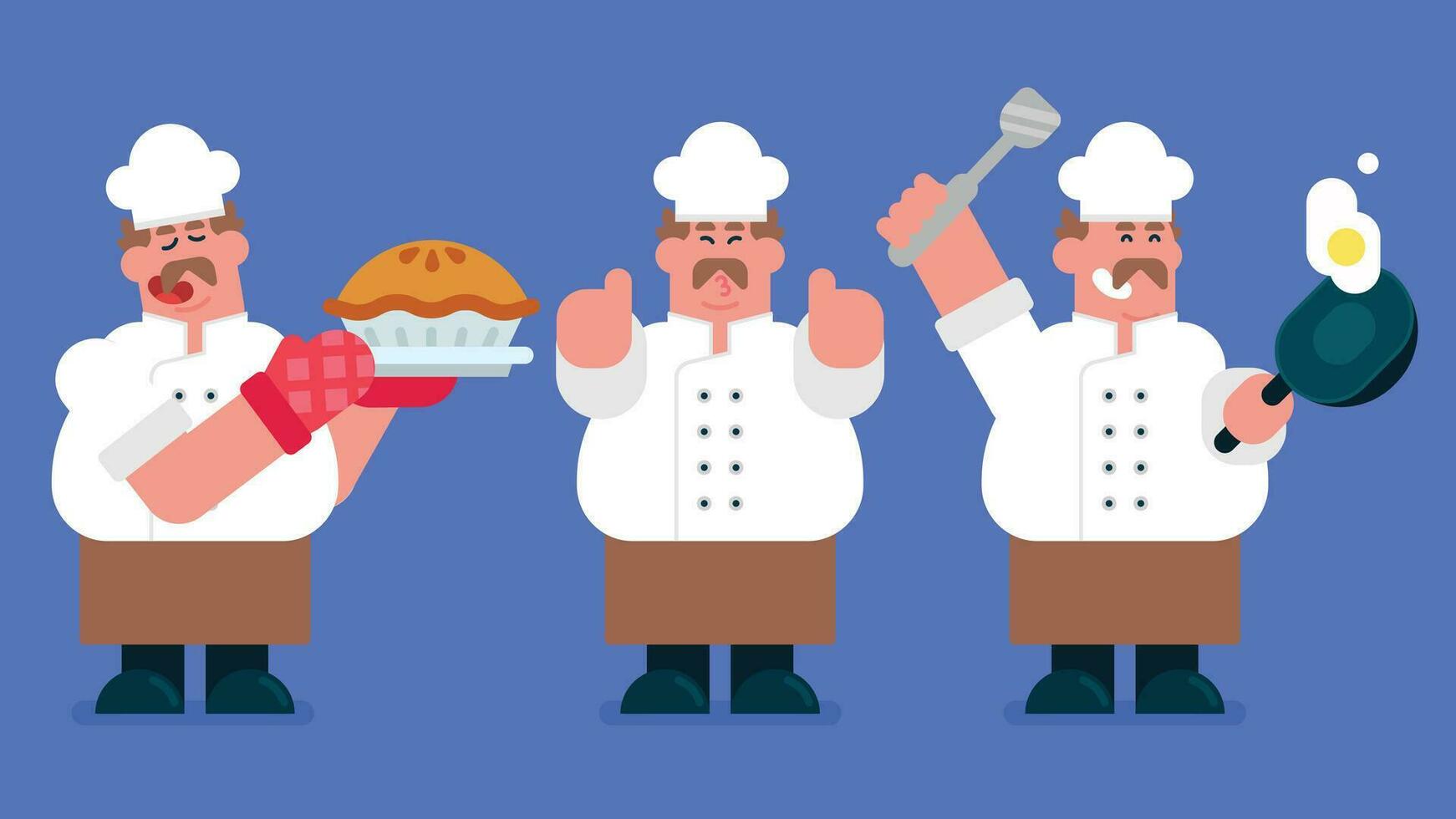 Sammlung von Karikatur Mann vorbereiten Essen, Restaurant Koch Koch mit Hut und Koch Uniform, Koch braten Eier im ein braten Pfanne, backen ein köstlich Kuchen, Koch machen mögen Zeichen, eben Vektor Illustration