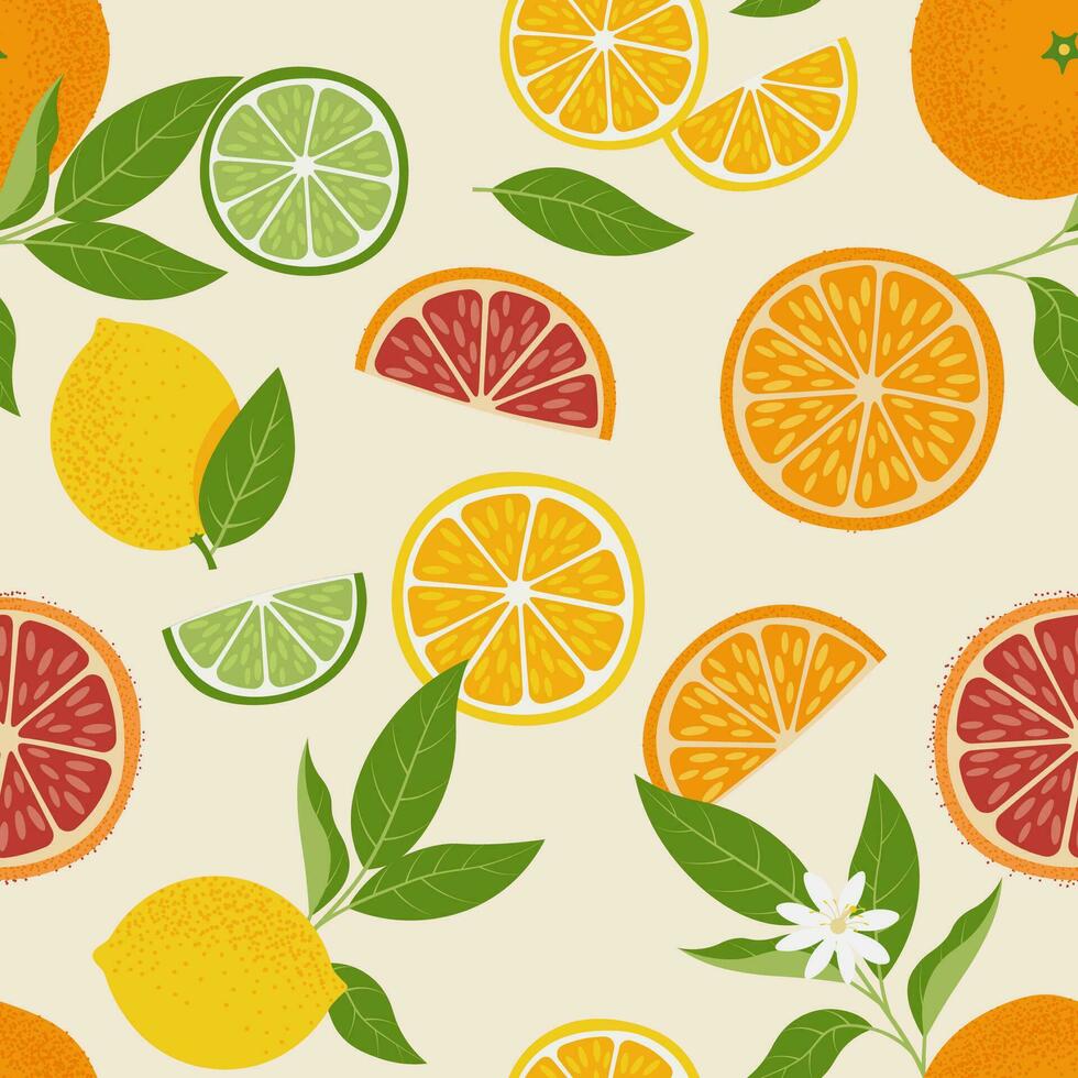 tropisch nahtlos Muster mit Gelb Zitrone, orange, Kalk, und Grapefruit. Zitrusfrüchte Obst Hintergrund. Vektor Illustration zum drucken Stoff oder Hintergrund