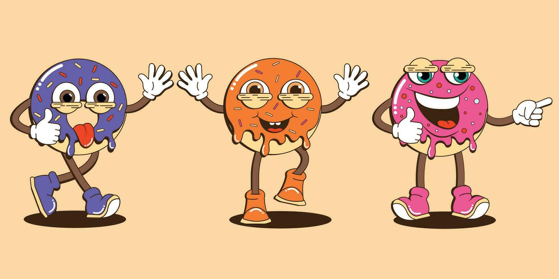 modisch Aufkleber einstellen mit schrullig Krapfen Figuren. Donuts im Rosa, Orange und lila Farben mit öffnen Mund, Zunge und Augen. Krapfen Cafe branding mit Karikatur Stil Maskottchen. Vektor Illustration.