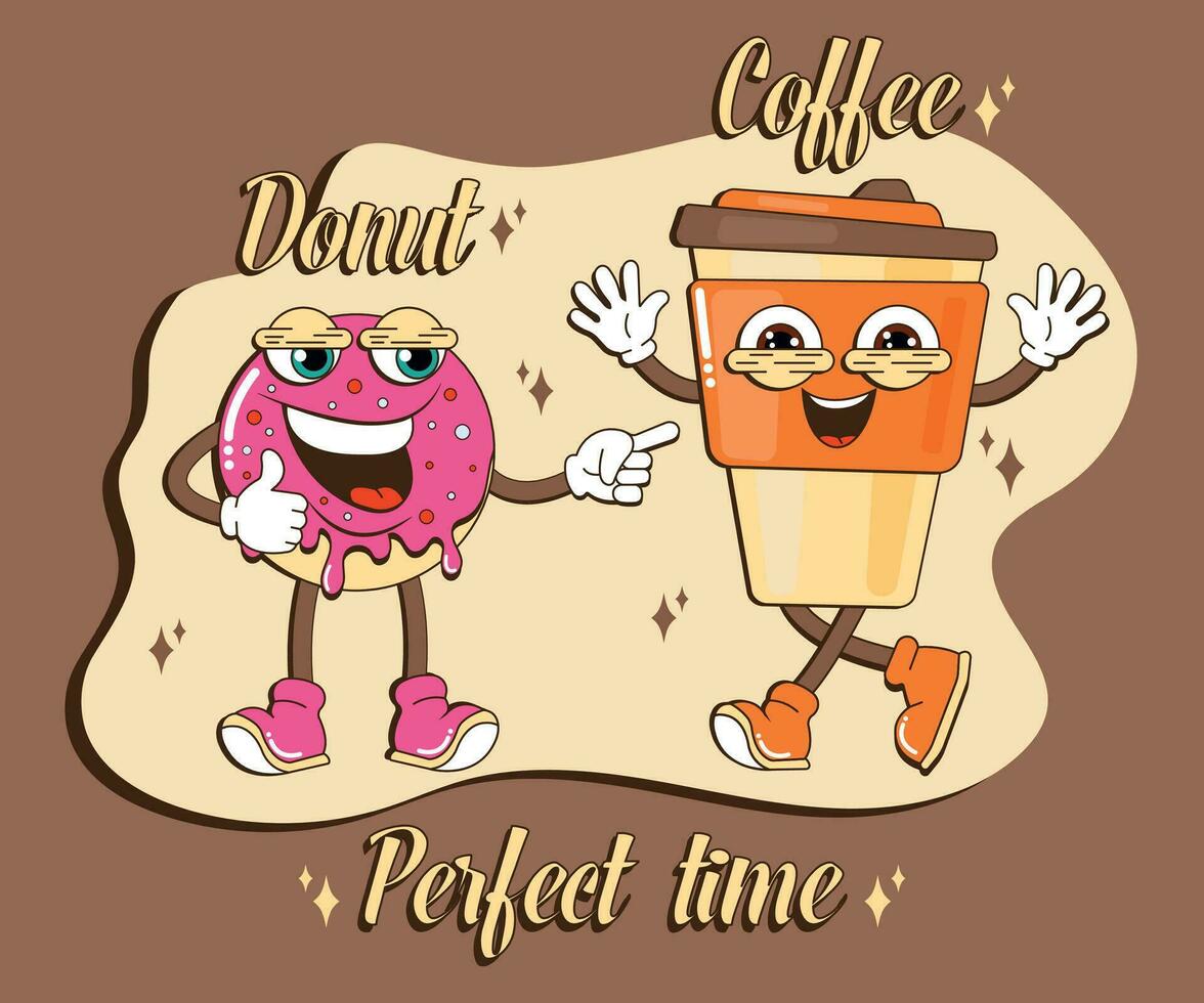 Krapfen und Kaffee komisch lächelnd Karikatur Charakter Satz. bunt Maskottchen Sammlung von wegbringen Kaffee einstellen und Donuts. Vektor Illustration.