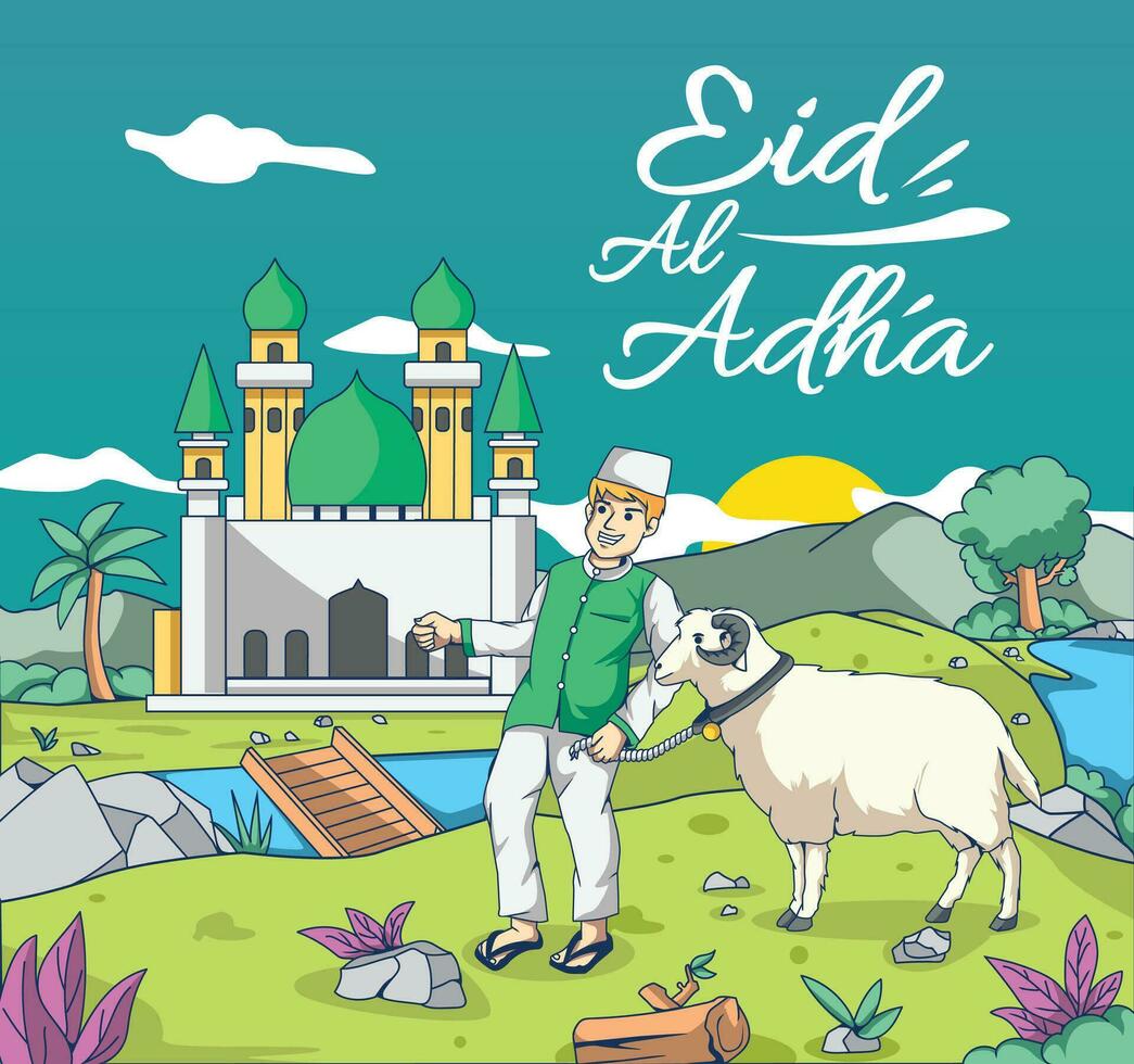 vektor hand dragen människor fira eid al-adha illustration, eid al-adha illsutration bakgrund, eid al Adha