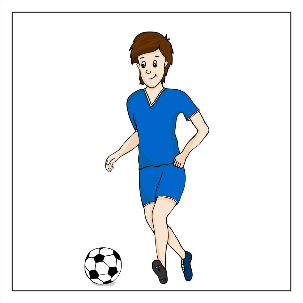 Karikatur Fußballer. Vektor handgemalt Gekritzel Illustration. Junge mit ein Ball.