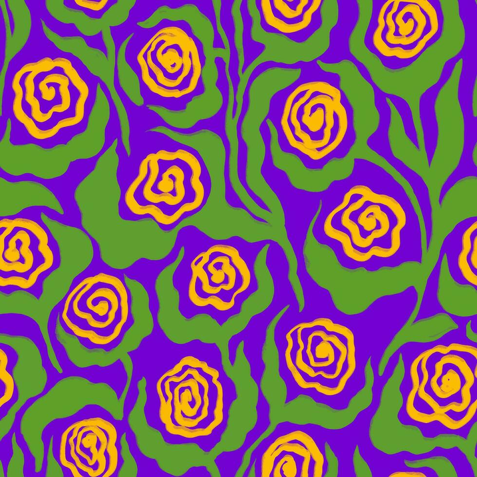 sömlös mönster med hand dragen dekorativ blommig motiv. abstrakt gul spiral rosor, löv på violett bakgrund vektor