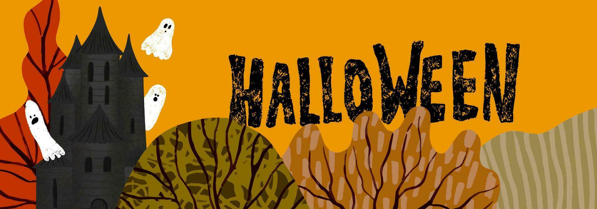 Banner zum Halloween mit Haus von Geister, Wald und Halloween Kreide Beschriftung auf Orange Hintergrund. Hand gezeichnet Illustration vektor