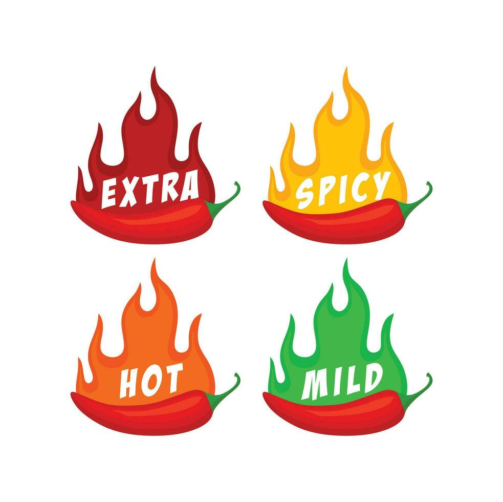 kryddad chili peppar varm brand flamma ikoner. extra, varm, spciy, mild kryddighet nivå. vektor kryddad mat nivå ikoner