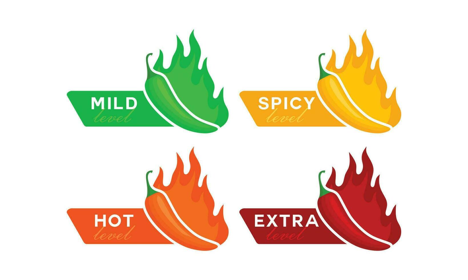 würzig Chili Pfeffer heiß Feuer Flamme Symbole. extra, heiß, würzig, mild Würze eben. Vektor würzig Essen Niveau Symbole
