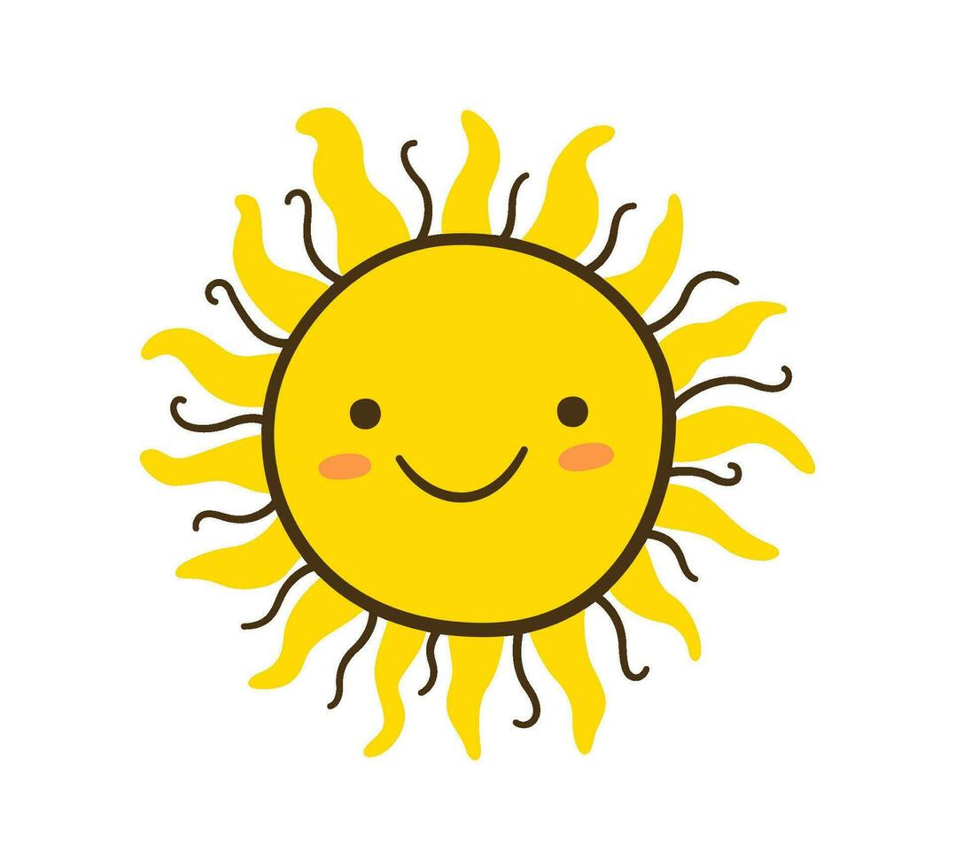 Gekritzel Sonne Symbol. Hand gezeichnet Lächeln Gelb Sonne mit Strahlen Symbol. Gekritzel Kinder Zeichnung. Hand gezeichnet Star Charakter. heiß Wetter unterzeichnen. Vektor Illustration isoliert auf Weiß Hintergrund