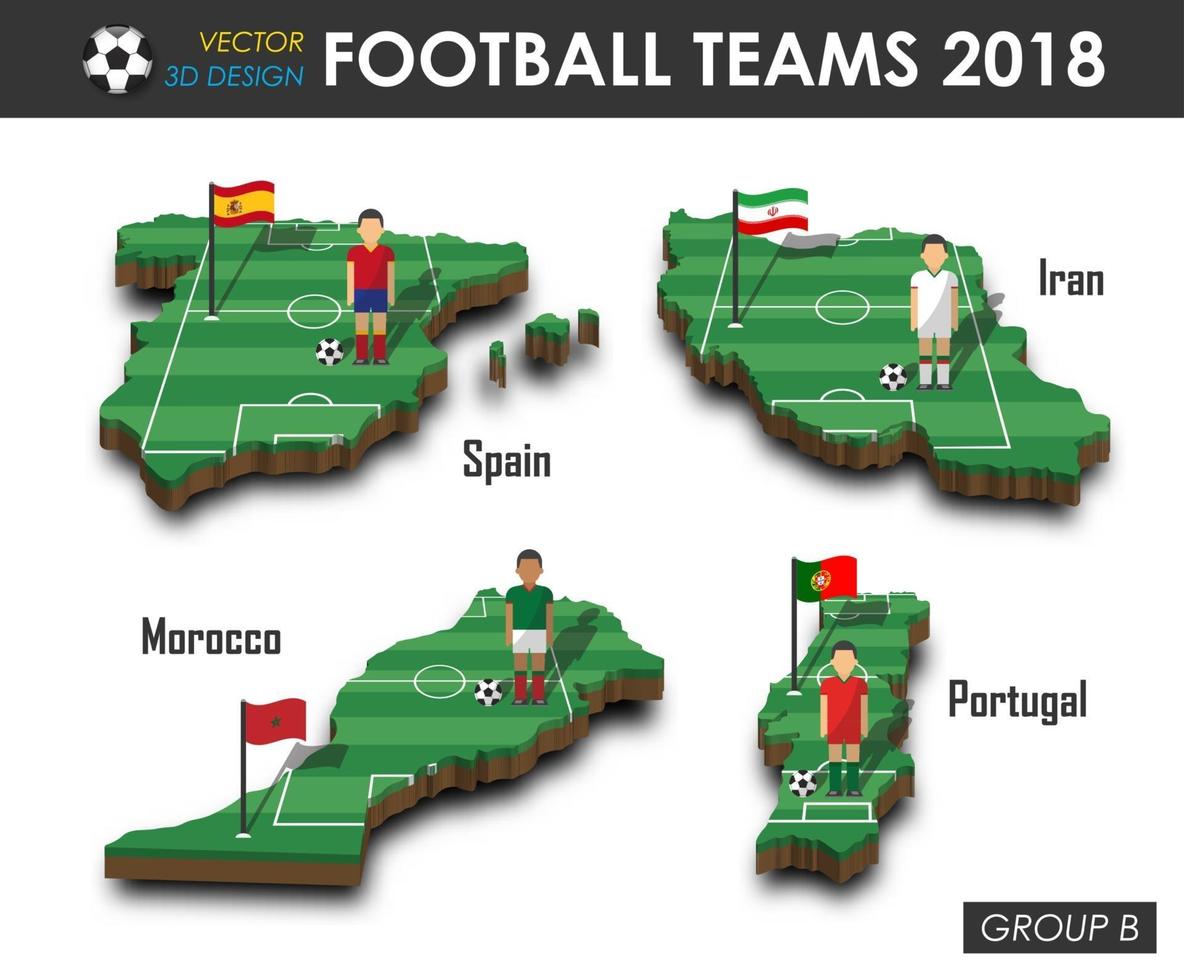 nationella fotbollslag 2018 grupp b fotbollsspelare och flagga på 3d-design landskarta isolerad bakgrundsvektor för internationellt världsmästerskapsturnering 2018-koncept vektor