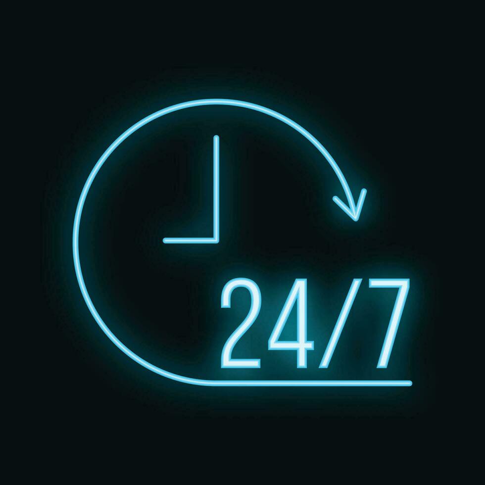 24 på 7 kund service ikon neon glöd stil översikt platt vektor illustration, isolerat på vit