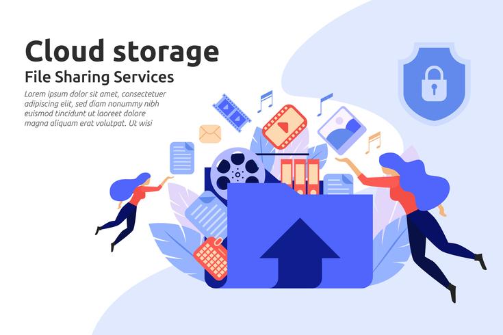 Cloud Storage-tjänst. Fildelning center service. multimedia d vektor