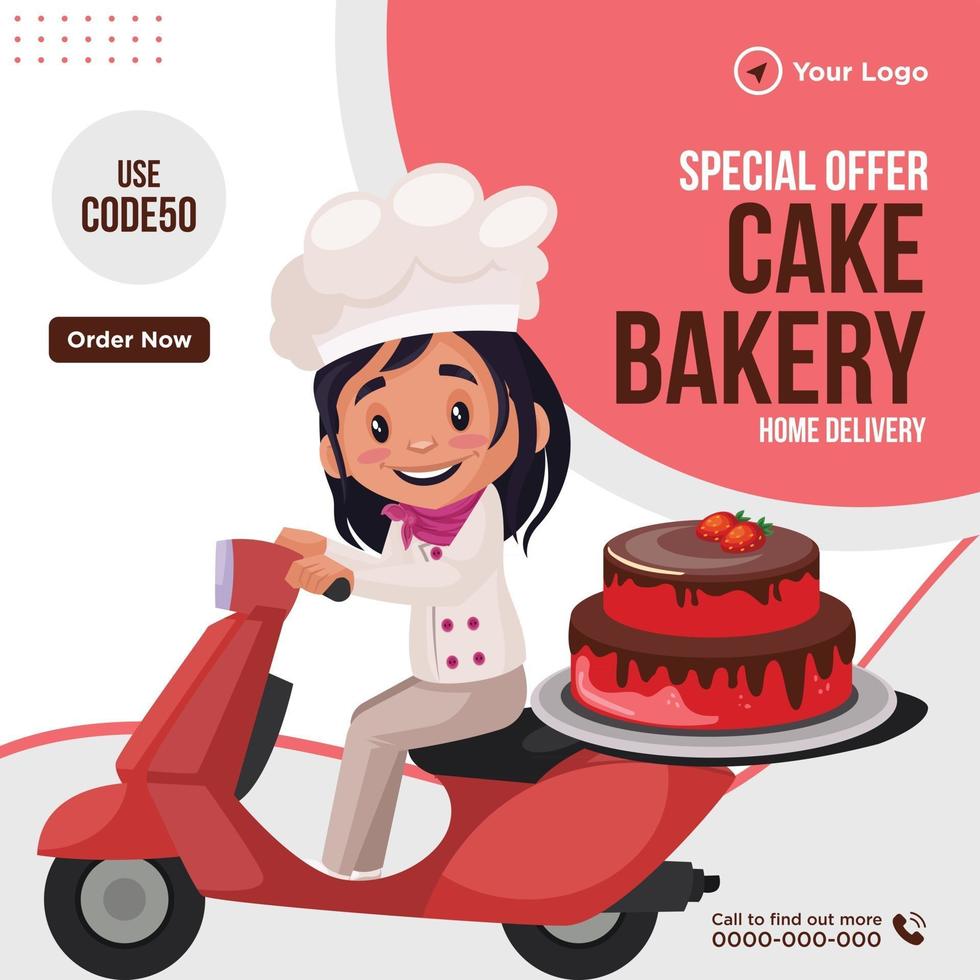 Banner-Design von Sonderangebot Kuchen Bäckerei Hauslieferung Cartoon-Stil-Vorlage vektor