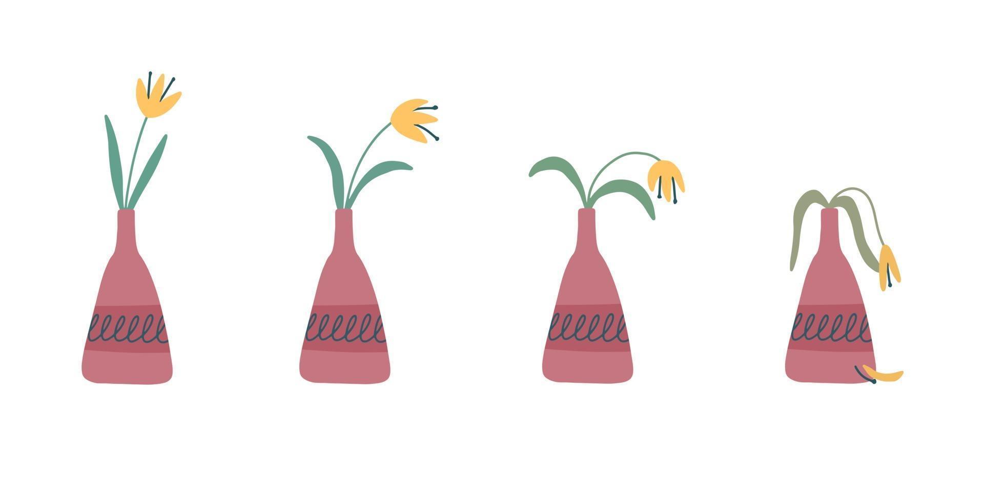 stadier av vissnande vissnad blomma i en vas övergiven växt utan vattning och vård vektor
