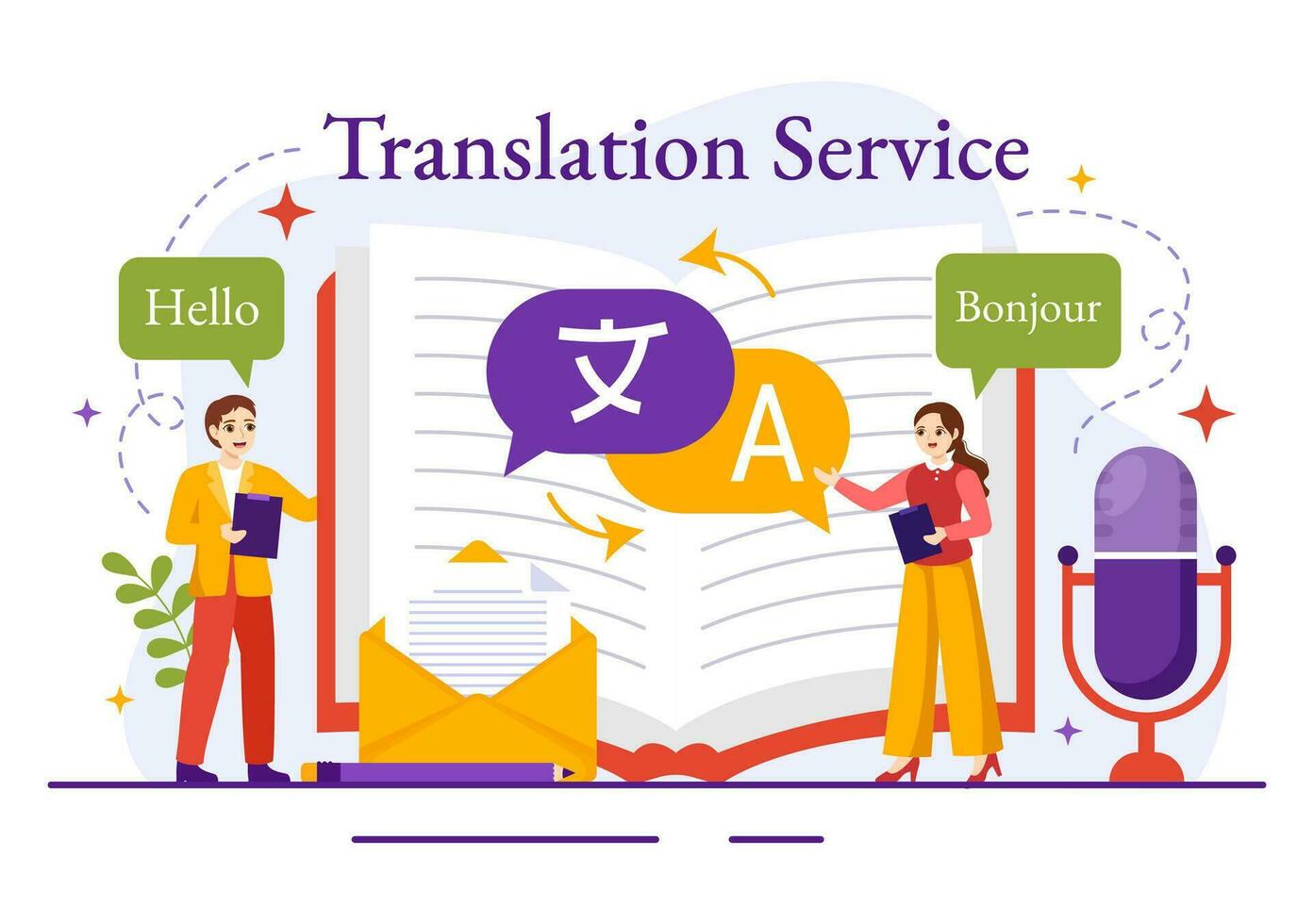 översättare service vektor illustration med språk översättning olika länder och flerspråkig använder sig av ordbok i hand dragen mallar