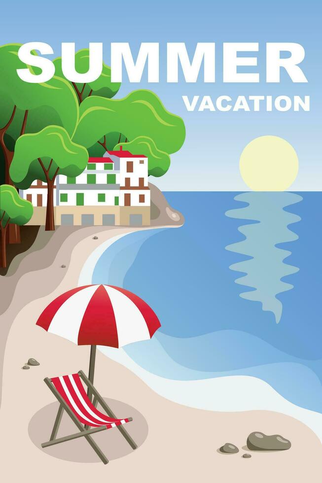 havsbild. sommar semester. strand stol och paraply på de strand. semester och resa begrepp. vektor
