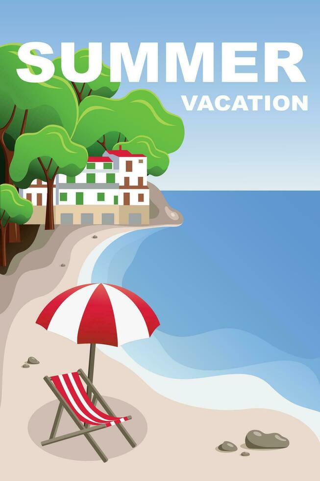Meereslandschaft. Sommer- Urlaub. Strand Stuhl und Regenschirm auf das Strand. Ferien und Reise Konzept. vektor
