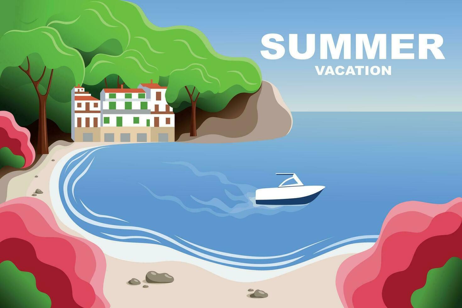 Sommervakuumvektor Sommer- Strand. Sommer- Urlaub. Ferien und Reise Konzept. ein schön Meer Bucht. ein Boot schwimmt auf das Wasser vektor