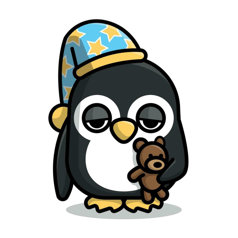 süß Pinguin mit schläfrig Augen Karikatur Vektor