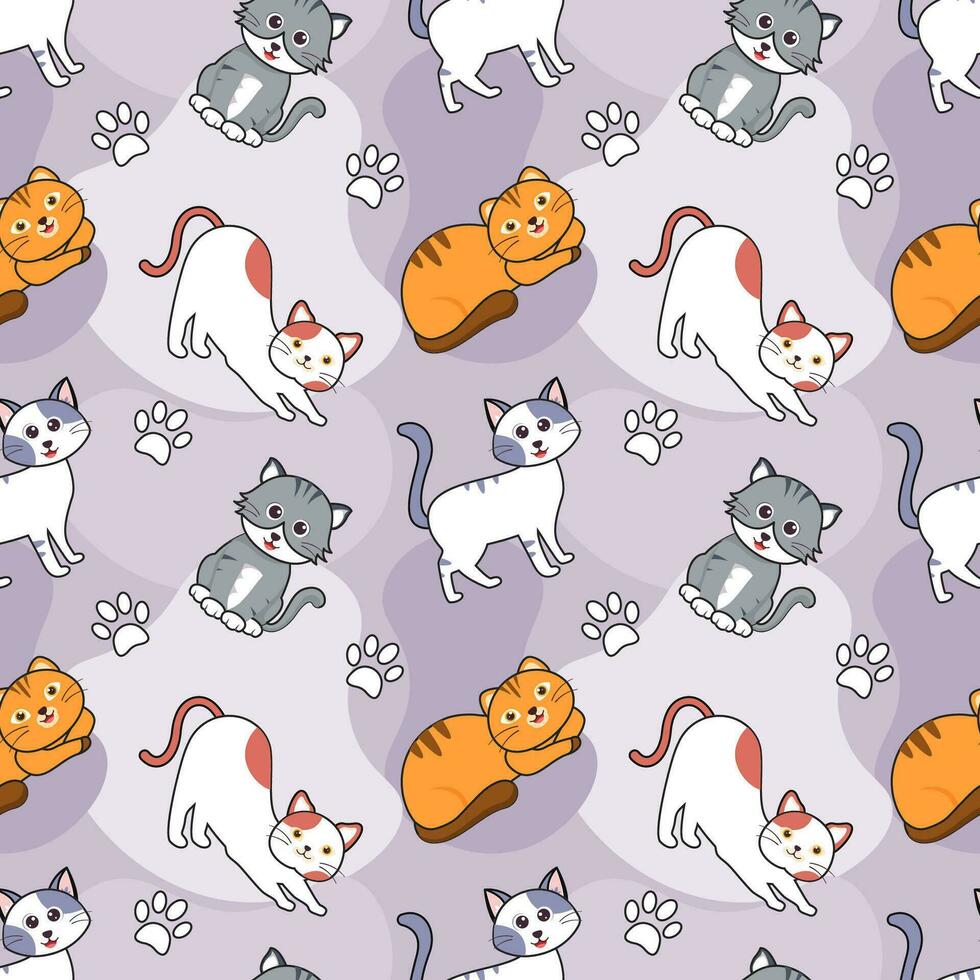 katter djur sömlös mönster design med katt element i mall hand dragen tecknad serie platt illustration vektor