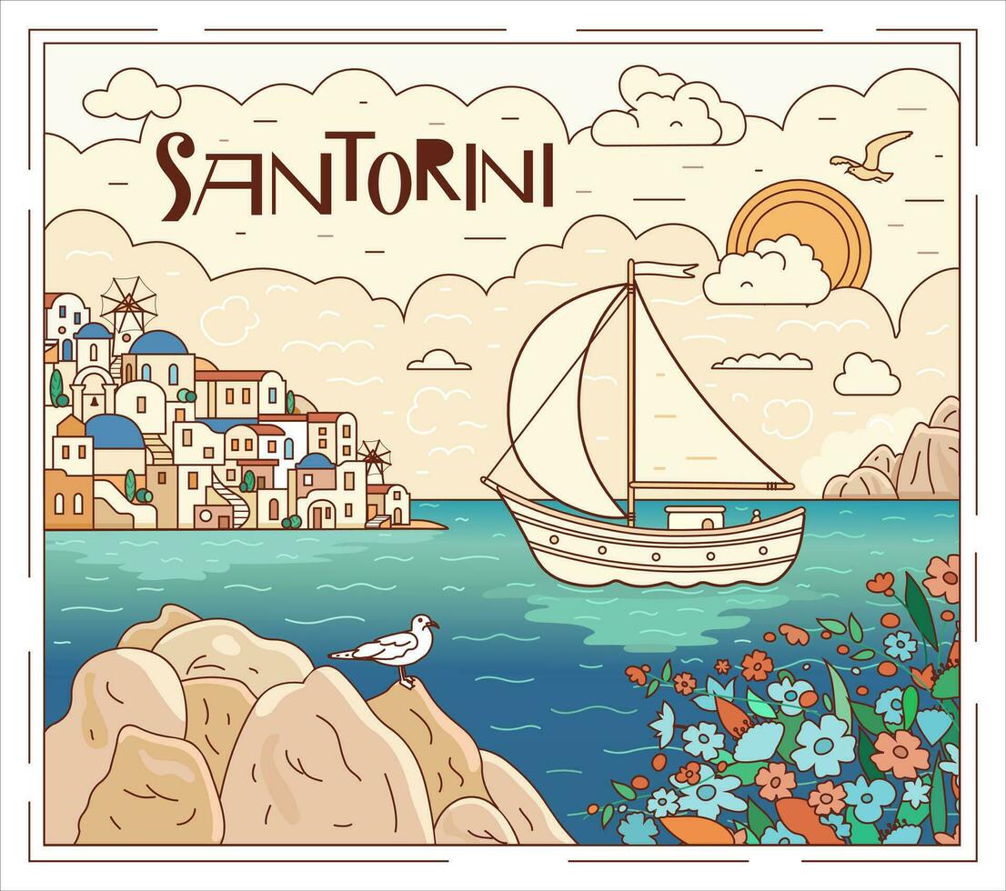 Santorini Insel, Griechenland. schön traditionell Weiß die Architektur und Blau gewölbt griechisch orthodox Kirchen Über das Caldera. Segeln Boot beim Meer. Vektor Illustration im Gekritzel Stil.