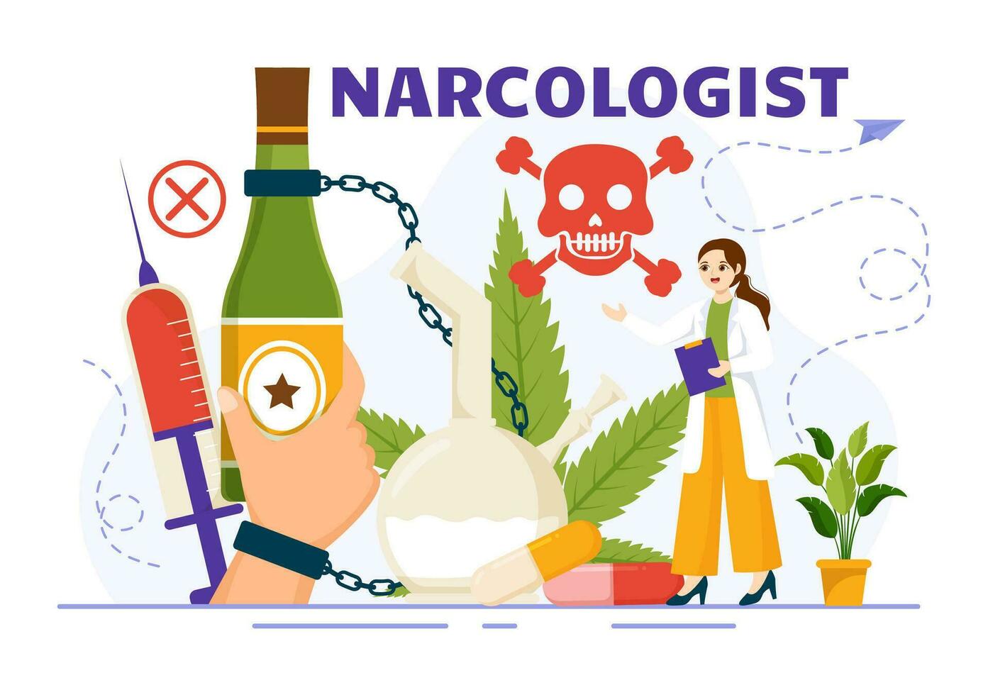 Narkologe Vektor Illustration zum Droge Sucht Bewusstsein, Alkohol und Tabak im Gesundheitswesen eben Karikatur Hand gezeichnet Hintergrund Vorlagen