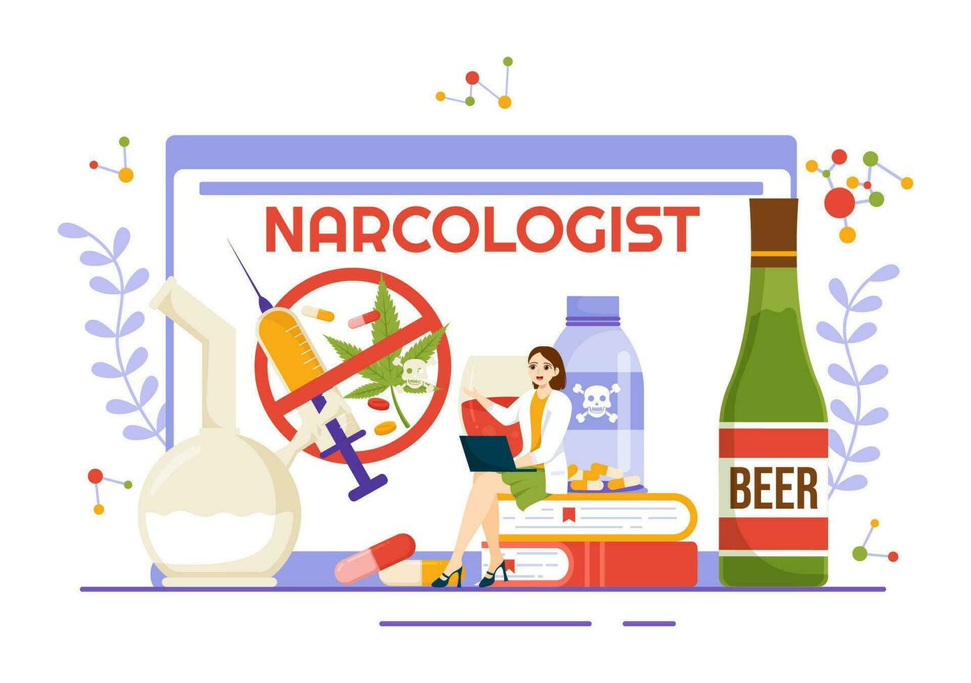 narkolog vektor illustration för läkemedel missbruk medvetenhet, alkohol och tobak i sjukvård platt tecknad serie hand dragen bakgrund mallar