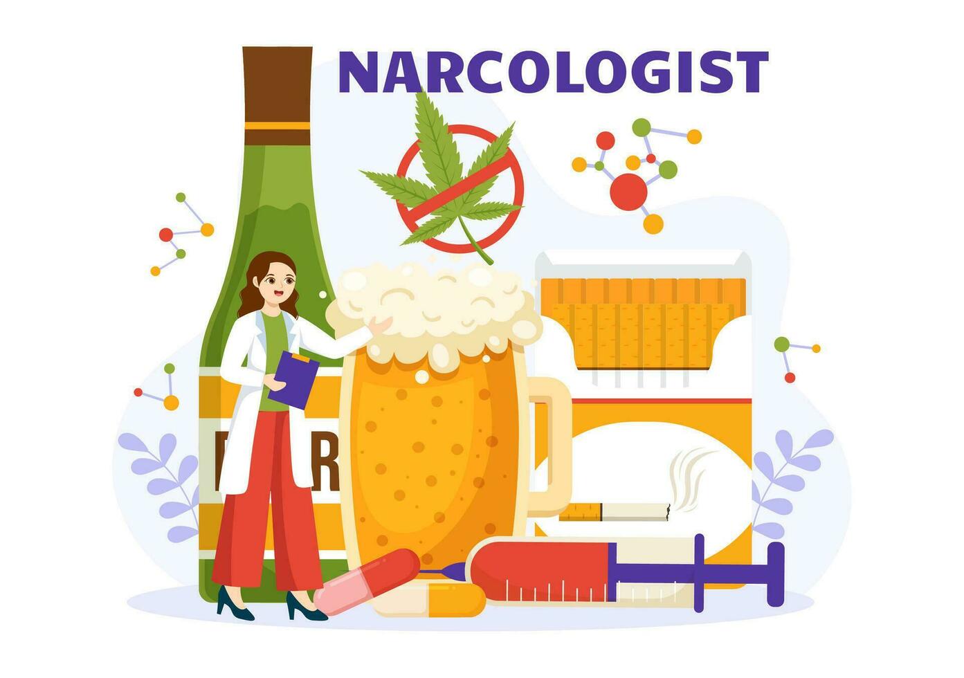 Narkologe Vektor Illustration zum Droge Sucht Bewusstsein, Alkohol und Tabak im Gesundheitswesen eben Karikatur Hand gezeichnet Hintergrund Vorlagen