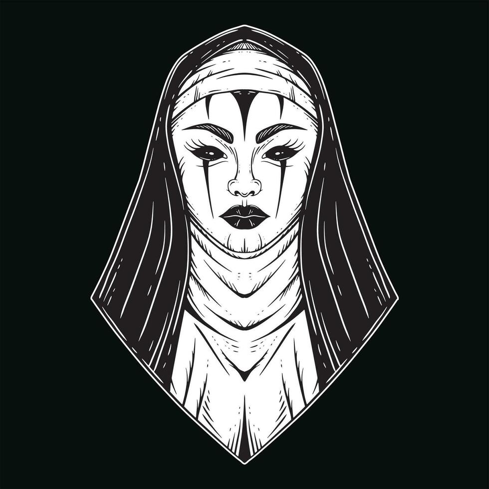 mörk konst nunna tatuering jäkel kvinnor skalle huvud Skräck hand dragen stil illustration vektor